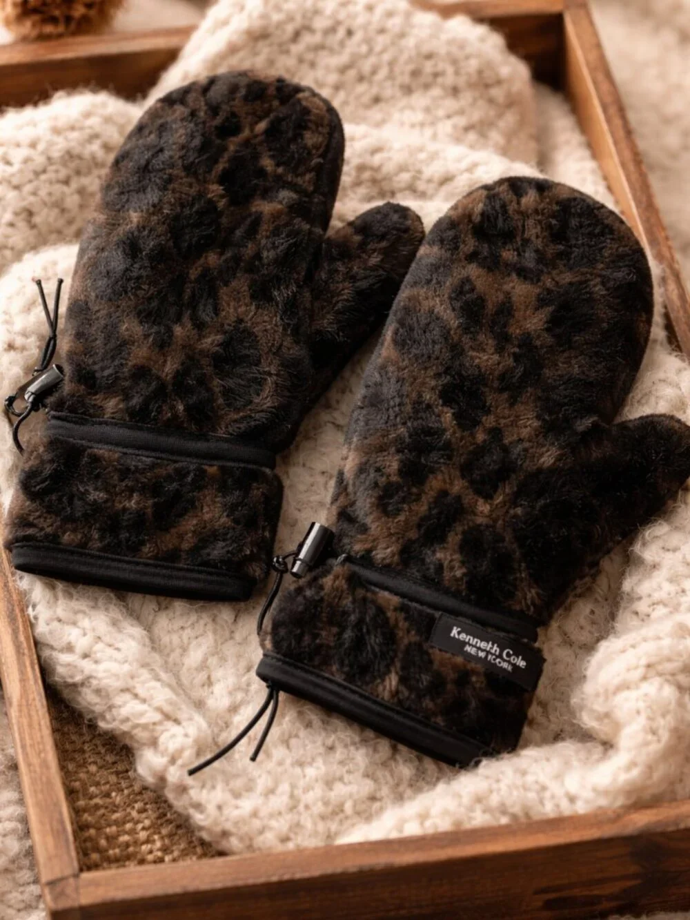 Kenneth Cole Leopard Print Mittens Faux Fur Lined Cozy Winter Gloves